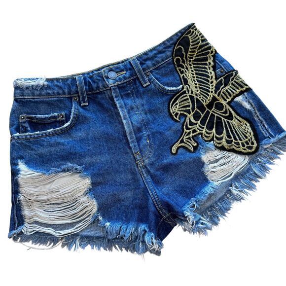 Carmar Denim Jeans Shorts 27 Blue Distressed Eagle Patch Frayed High Rise Y2k - Picture 1 of 13
